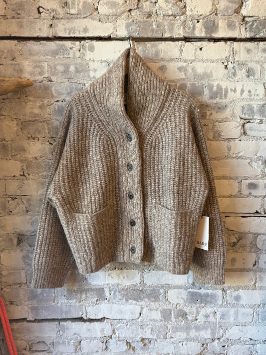 Women’s oversized dark fawn shawl cardigan by Bare Knitwear, cozy knit with draped fit and relaxed style.