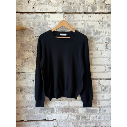 Women's organic cotton knit long sleeve crewneck in marine color by Majestic Filatures, close-up of soft, textured fabric.