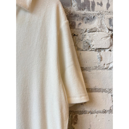 Women's organic cotton terry elbow sleeve polo maxi dress in milk color by Majestic Filatures, featuring a relaxed fit and classic polo details.