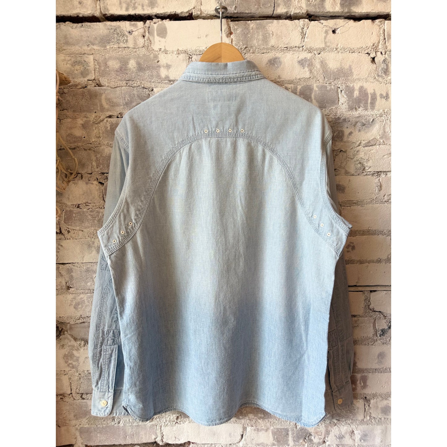 Men's Polo RL Chambray Compass Workshirt in medium indigo, featuring a classic design with a button-down collar and chest pocket.