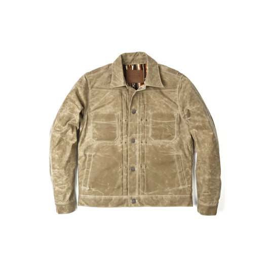 Men's waxed canvas Riders Jacket in tobacco brown by Freenote Cloth, featuring rugged texture and classic styling.