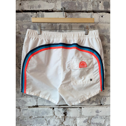 Men's white taffeta semi-elastic waist boardshort by Sundek, showing the front view with adjustable waistband and classic beach style.