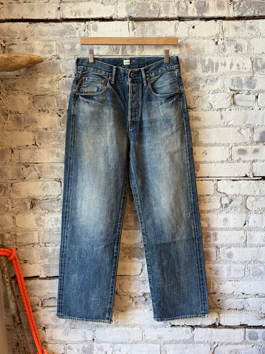 Men's Chimala smoky medium 13.5oz selvedge denim straight cut jeans, shorter fit, with visible denim texture and stitching.