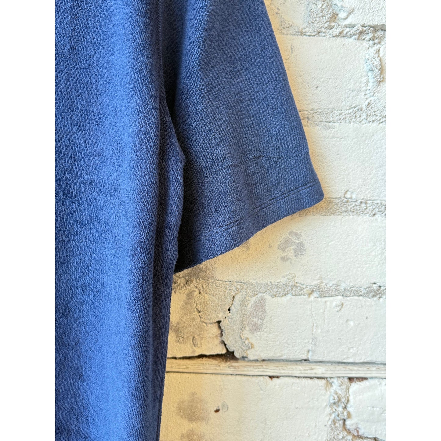 Women's organic cotton terry elbow sleeve polo maxi dress in blue moon by Majestic Filatures, shown on a model.