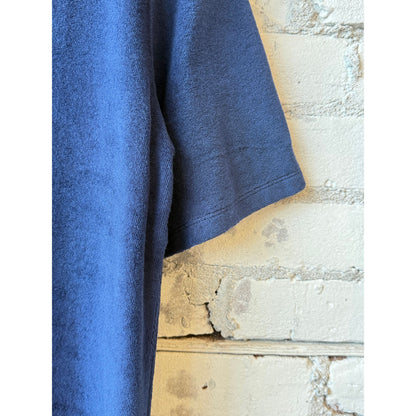 Women's organic cotton terry elbow sleeve polo maxi dress in blue moon by Majestic Filatures, shown on a model.