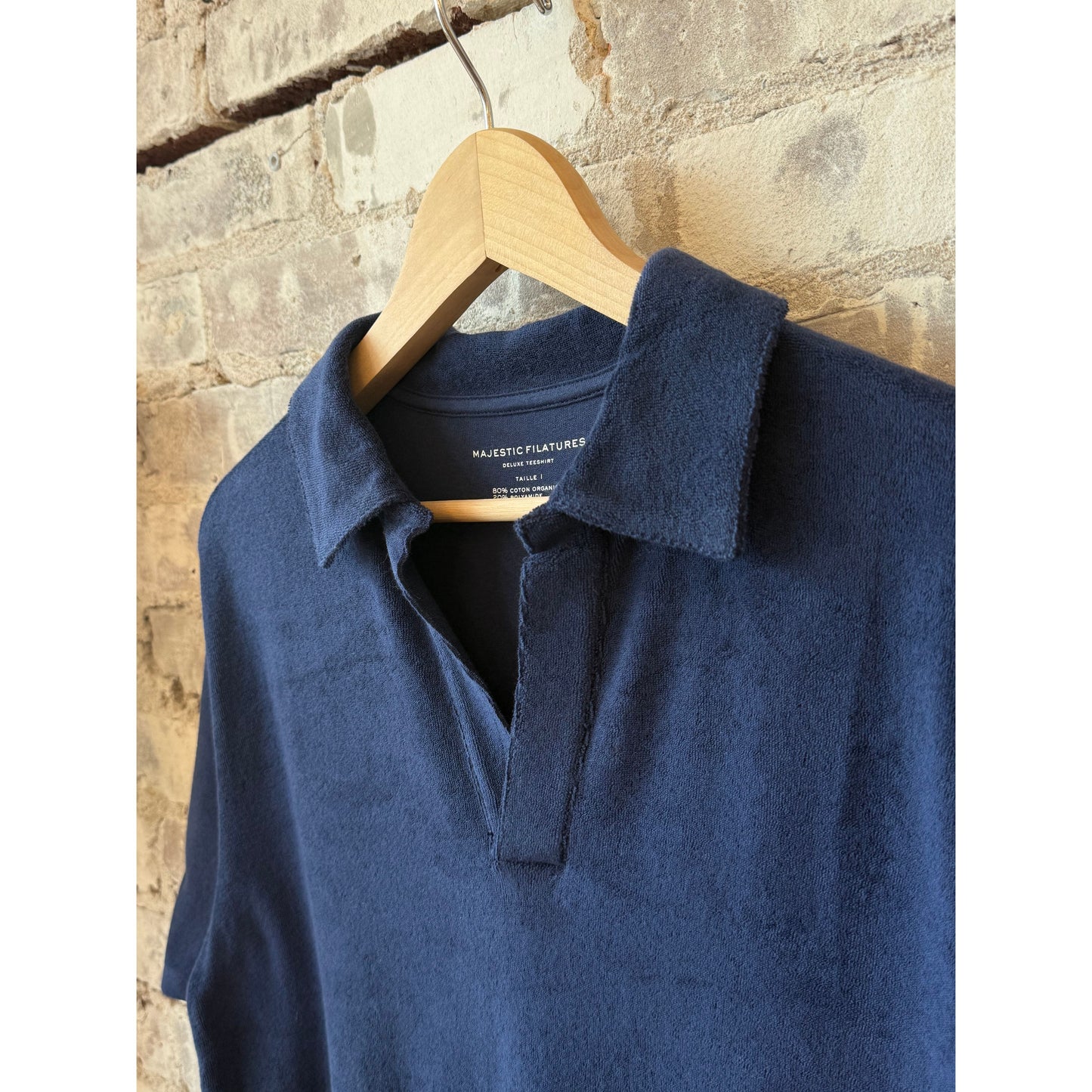 Women's blue moon organic cotton terry elbow sleeve polo maxi dress by Majestic Filatures, shown flat with soft fabric details.
