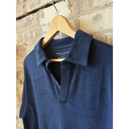 Women's blue moon organic cotton terry elbow sleeve polo maxi dress by Majestic Filatures, shown flat with soft fabric details.