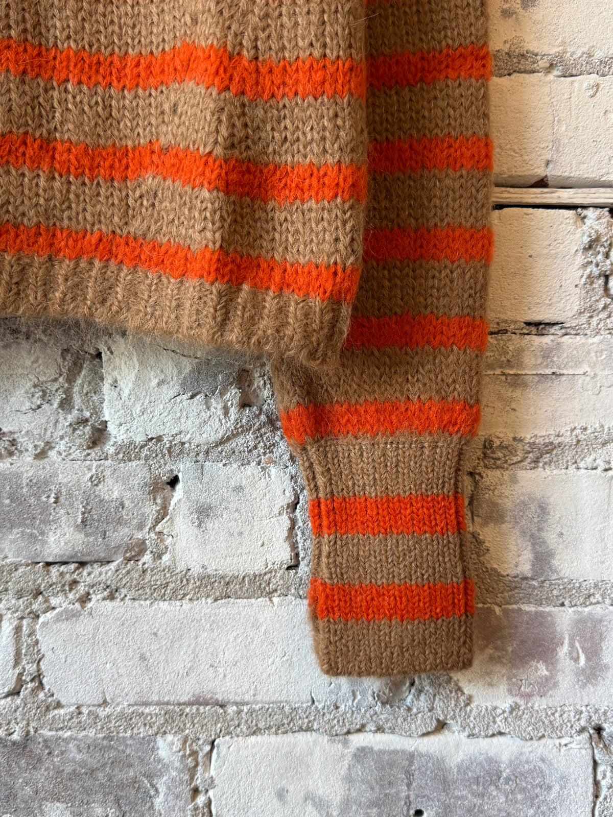 Women's ELEVEN SIX Ava Stripe Sweater in camel and tangerine stripe, showcasing the colorful knit pattern and cozy fit.