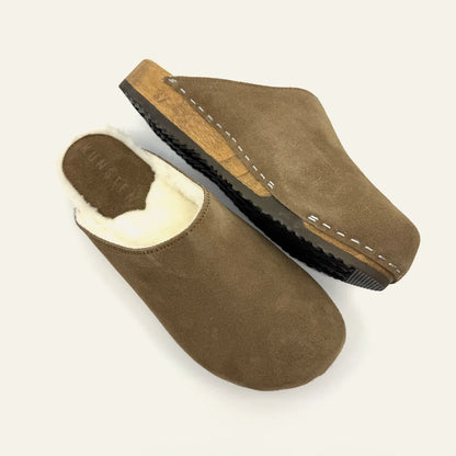Kunsten Clogs Ella Suede/Lambswool Clog - Umber/White Wool Seashell