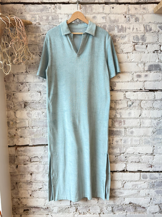 Organic Cotton Terry Elbow Sleeve Polo Maxi Dress - Blue Calanques - DUNE + SALT