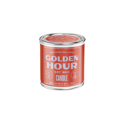 Golden Hour soy candle in a clear glass jar from Good & Well Supply Co., with a warm, golden wax and minimalist label.