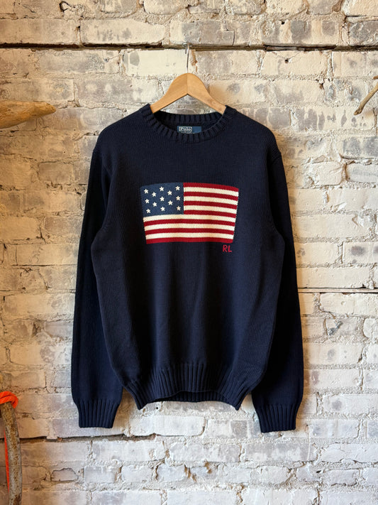 Ralph Lauren Roving Cotton USA Flag Crewneck Sweater - Hunter Navy Black