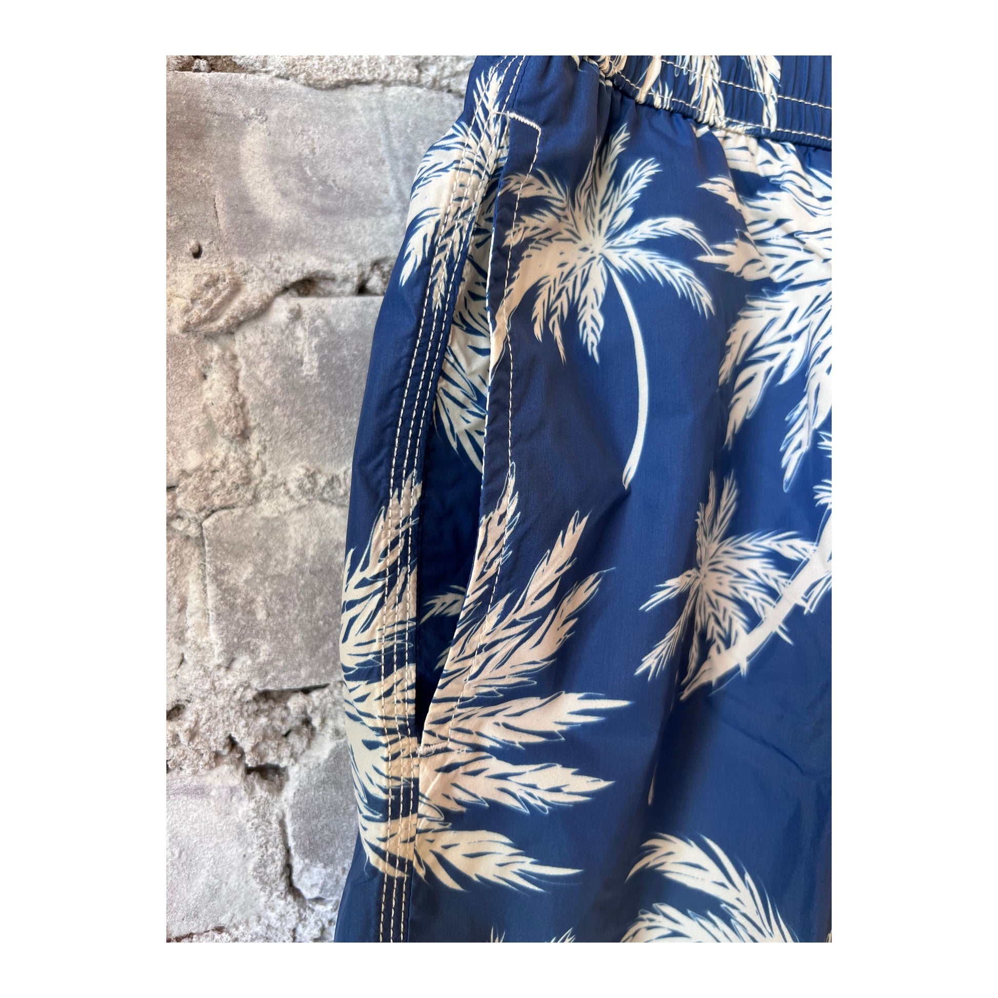 Palm Print Recycled Nylon Swim Trunk - Navy - DUNE + SALT