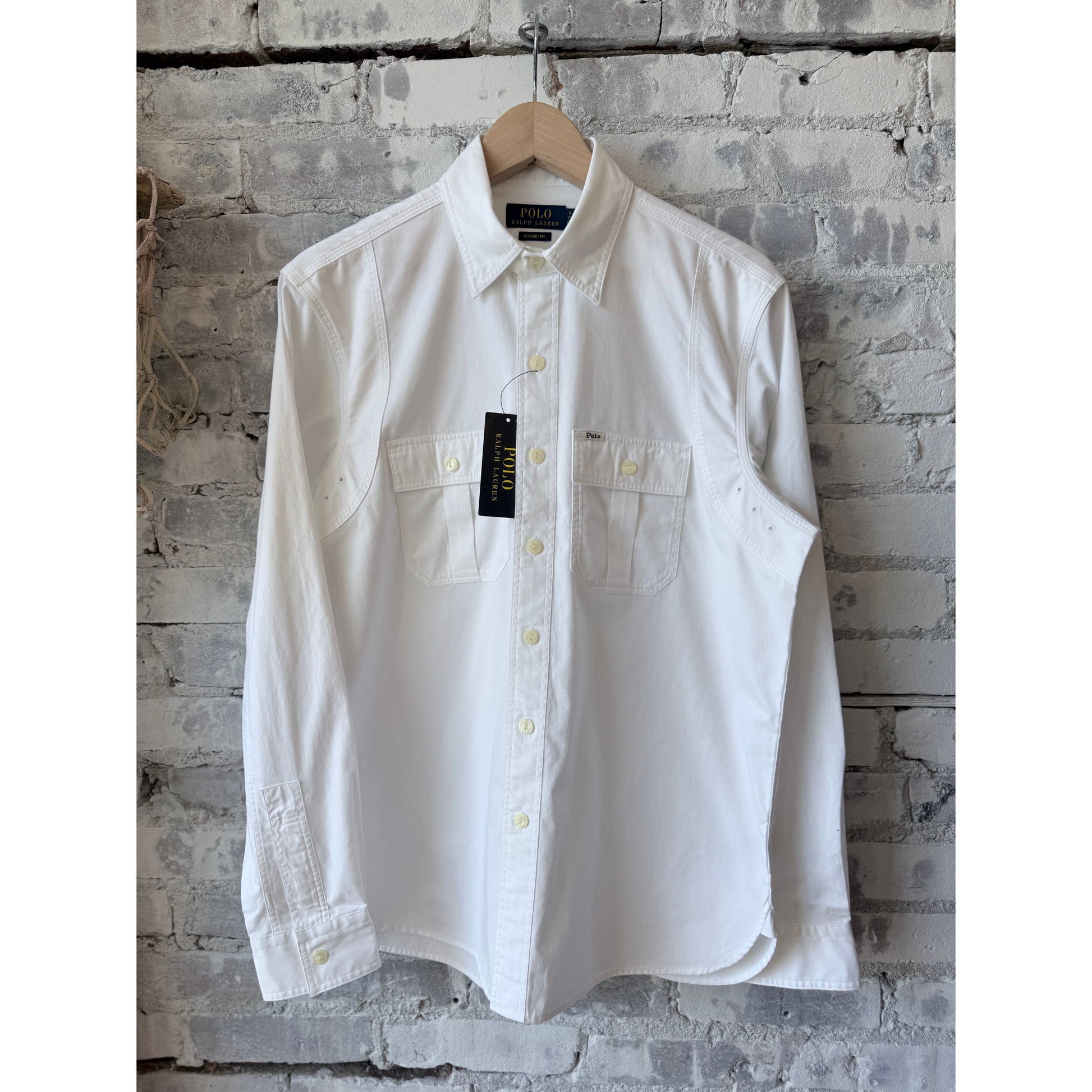 Men's white Polo RL classic fit sateen workshirt, long-sleeve, button-up design with collar and chest pocket.