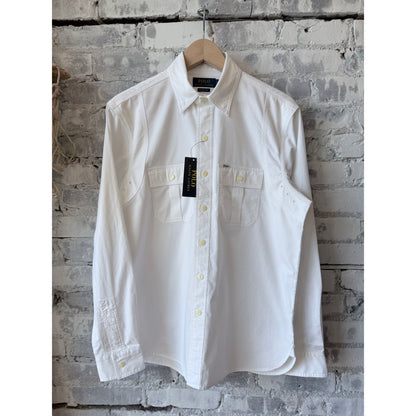 Men's white Polo RL classic fit sateen workshirt, long-sleeve, button-up design with collar and chest pocket.