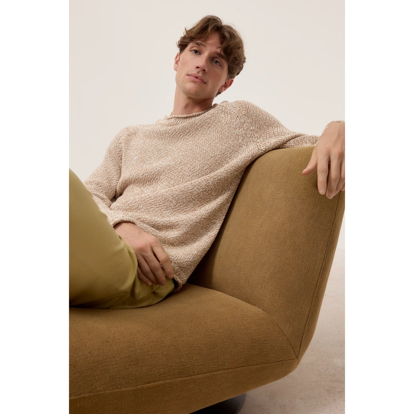 Men's Raw Edged Knit in Rock Beige by Closed Men's, showcasing the textured knit fabric and raw hem detail.