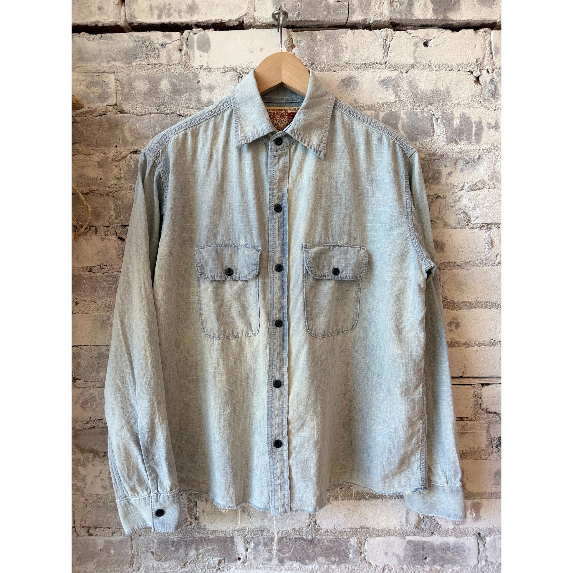 MONOSTERO Raw Hem Hemp Chambray LS Shirt - Light Wash Dark Gray