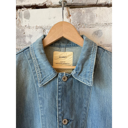 Men's 9oz denim coveralls by H-Unit in light indigo, showing the used wash, front view with pockets and adjustable straps.