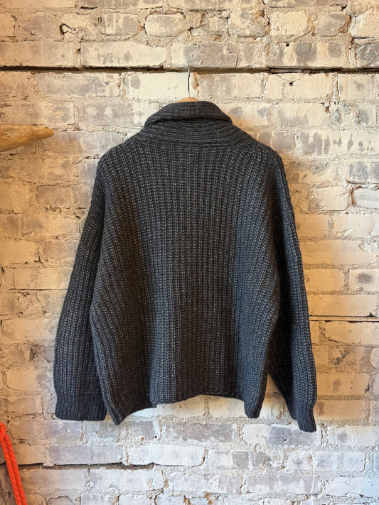Women's oversized shawl cardigan in dark navy by Bare Knitwear, featuring a cozy, relaxed fit and soft knit fabric.