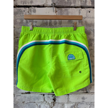 Men's Sundek Iconic Taffeta Elastic Waist Boardshort in vibrant Fluo Green, showing the colorful, lightweight swimwear with elastic waistband.