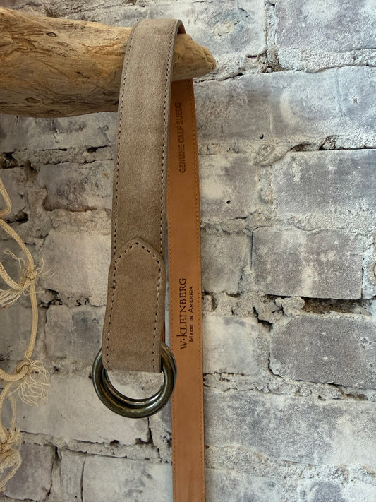 Men's whiskey suede calf O-ring belt from W. Kleinberg featuring a 1-1/8 inch width and O-ring buckle detail.