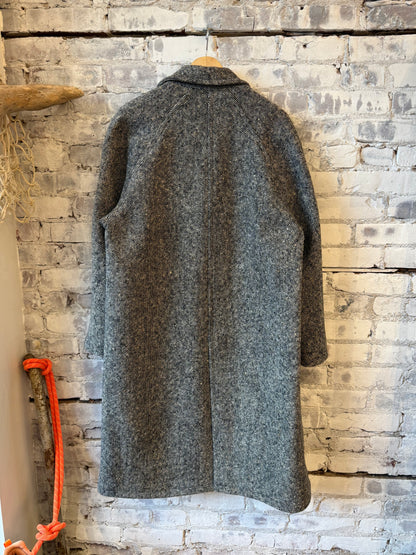 Raglan Wool Overcoat - Black/Cream Slub Donegal