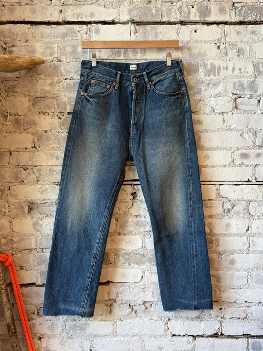 Women's dark vintage selvedge denim ankle cut jeans by Chimala, showing the classic denim fabric and fitted style.