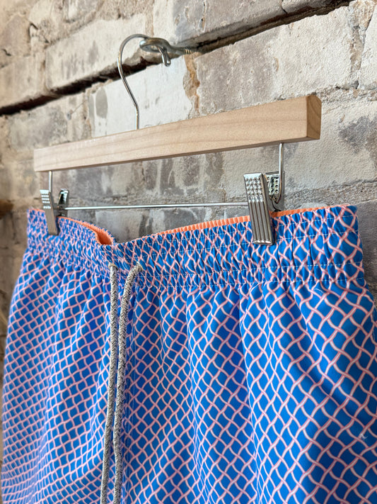 Men's Cyclist Liner Swim Trunks - Nautical Mesh Turquoise/Coral - DUNE + SALT