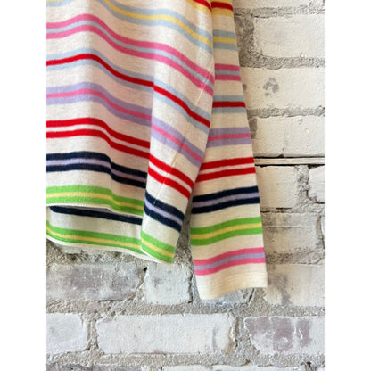 Women's Majestic Filatures extrafine cashmere crewneck sweater with colorful stripe pattern, relaxed fit in milk color.