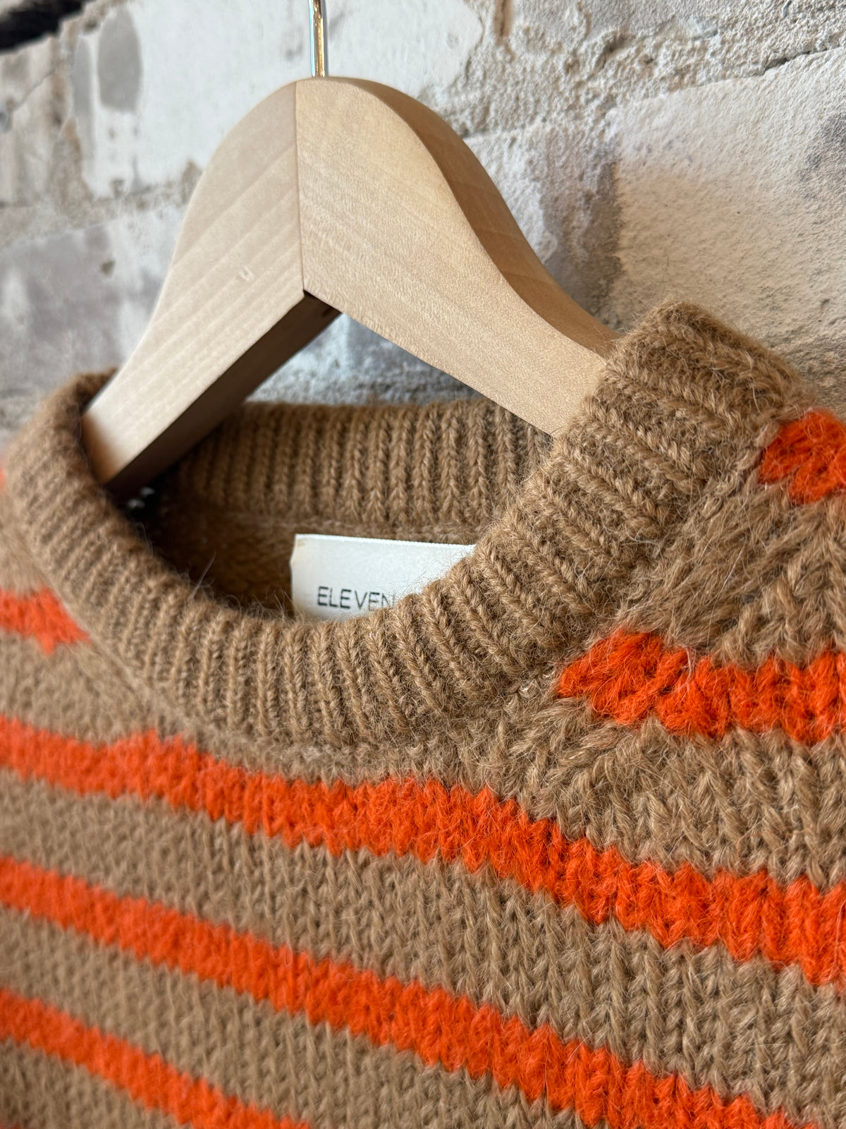 Women's Ava Stripe Sweater by ELEVEN SIX in camel and tangerine stripes, featuring a cozy knit design.
