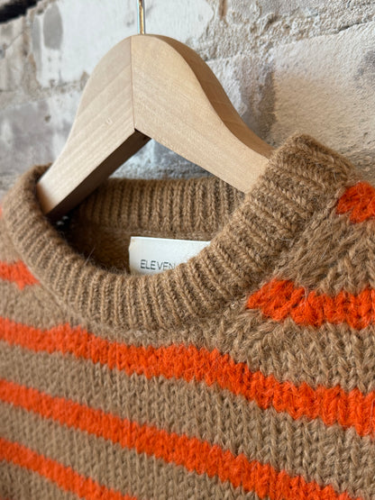 Women's Ava Stripe Sweater by ELEVEN SIX in camel and tangerine stripes, featuring a cozy knit design.