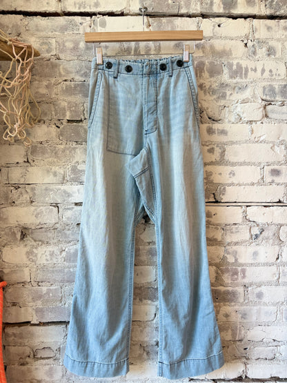 Women's Indigo French Sailor San-Tropez Pants by Freecity with summer fade design, relaxed fit, and nautical style.