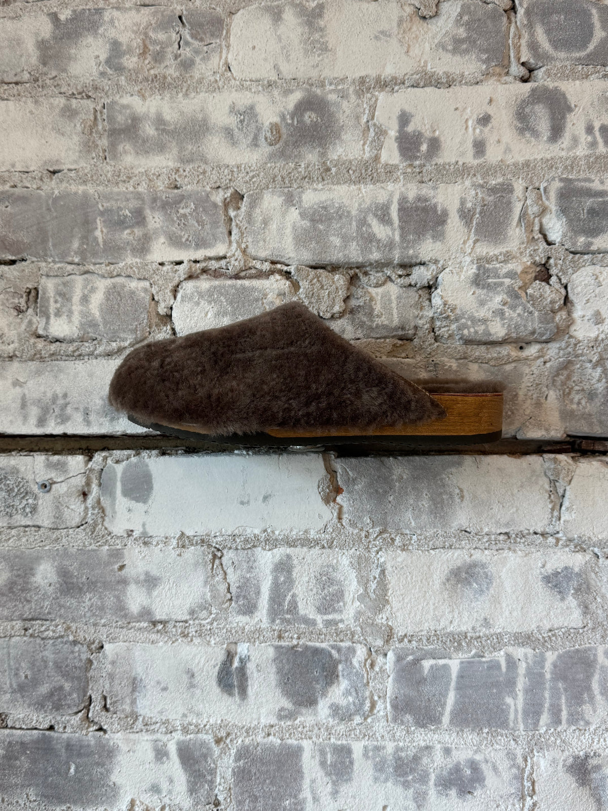 Women's Ella Cashmere and Lambswool Clogs by Kunsten Clogs in umber, showing the inside-out design and cozy texture.