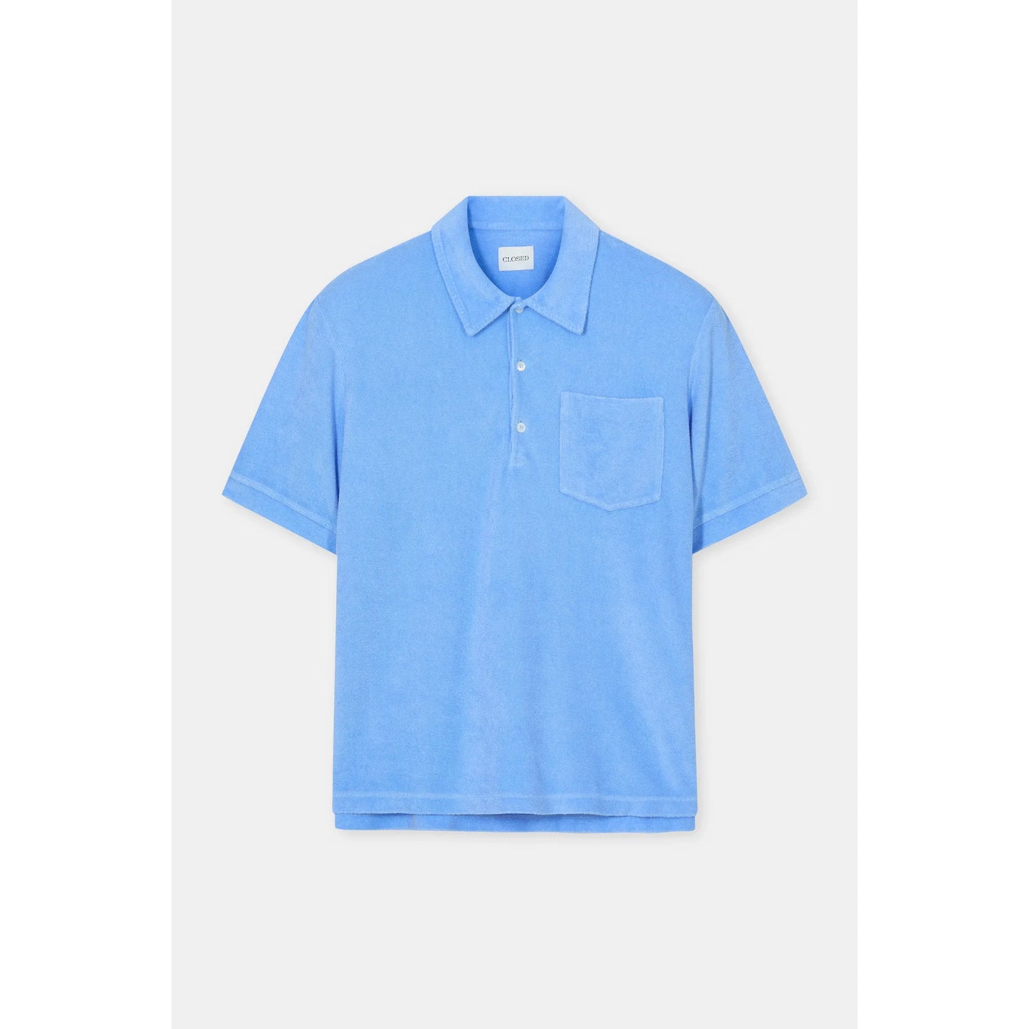 Men's sky blue short sleeve polo shirt by Closed Men's, featuring a classic collar and button placket.