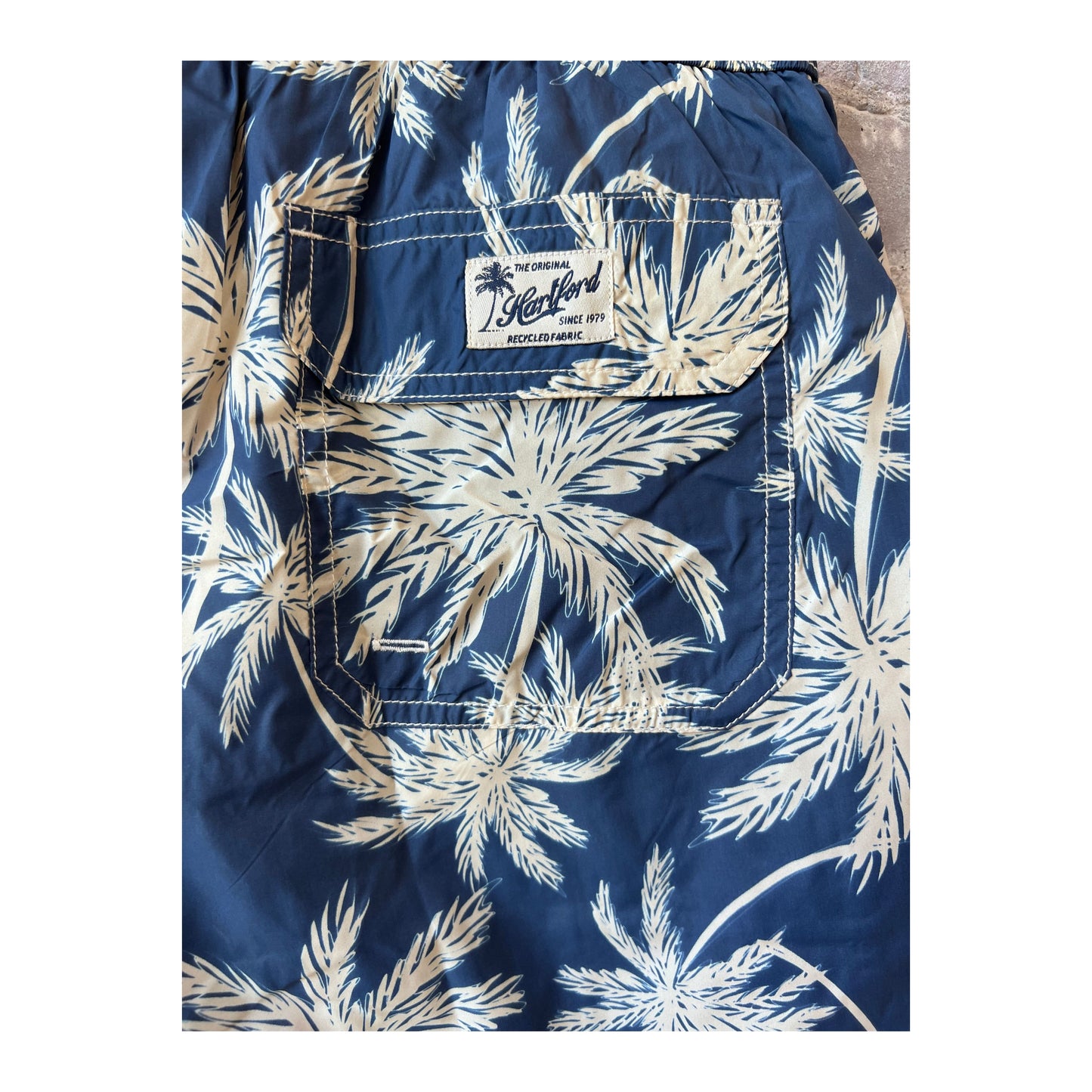 Palm Print Recycled Nylon Swim Trunk - Navy - DUNE + SALT