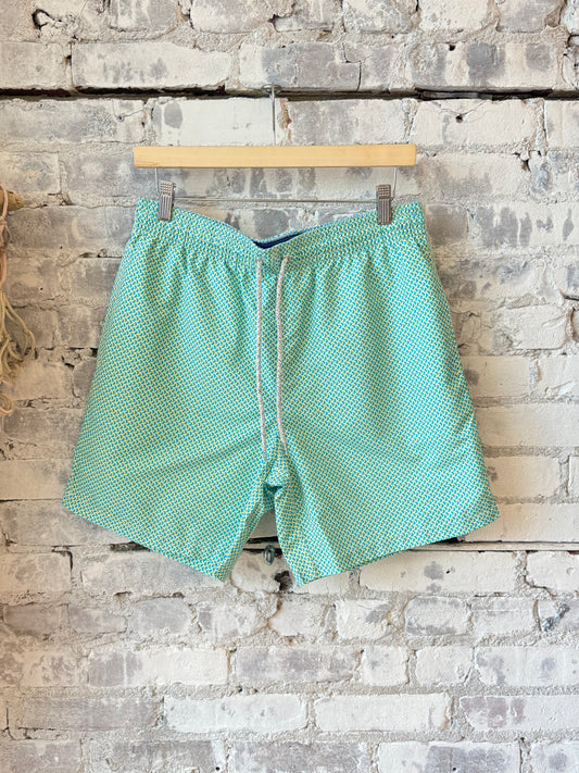 Men's Cyclist Liner Swim Trunks - Wave Print Aqua/Yellow - DUNE + SALT