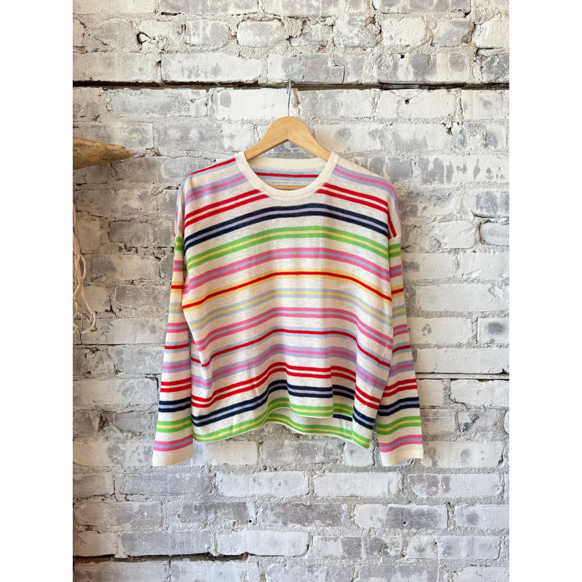 Women's Majestic Filatures extrafine cashmere crew sweater with multicolor stripe pattern in milk color, relaxed fit.