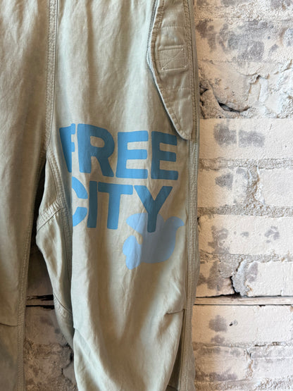 Women's Freecity Airjump pants in silver rock blues with matte and satin finish, featuring flap and snap details.