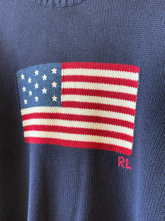 Ralph Lauren Roving Cotton USA Flag Crewneck Sweater - Hunter Navy Dim Gray