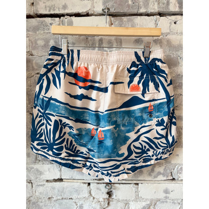 Men's Sundek nostalgic sea print boardshort with elastic waist in multicolor recycled poly fabric, featuring vibrant ocean-inspired design.