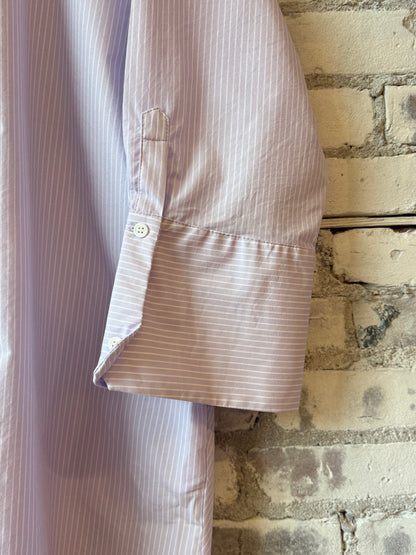 Women's Kelly Shirt Dress in lavender stripe by Secular, featuring a relaxed fit and classic collar, displayed on a model.