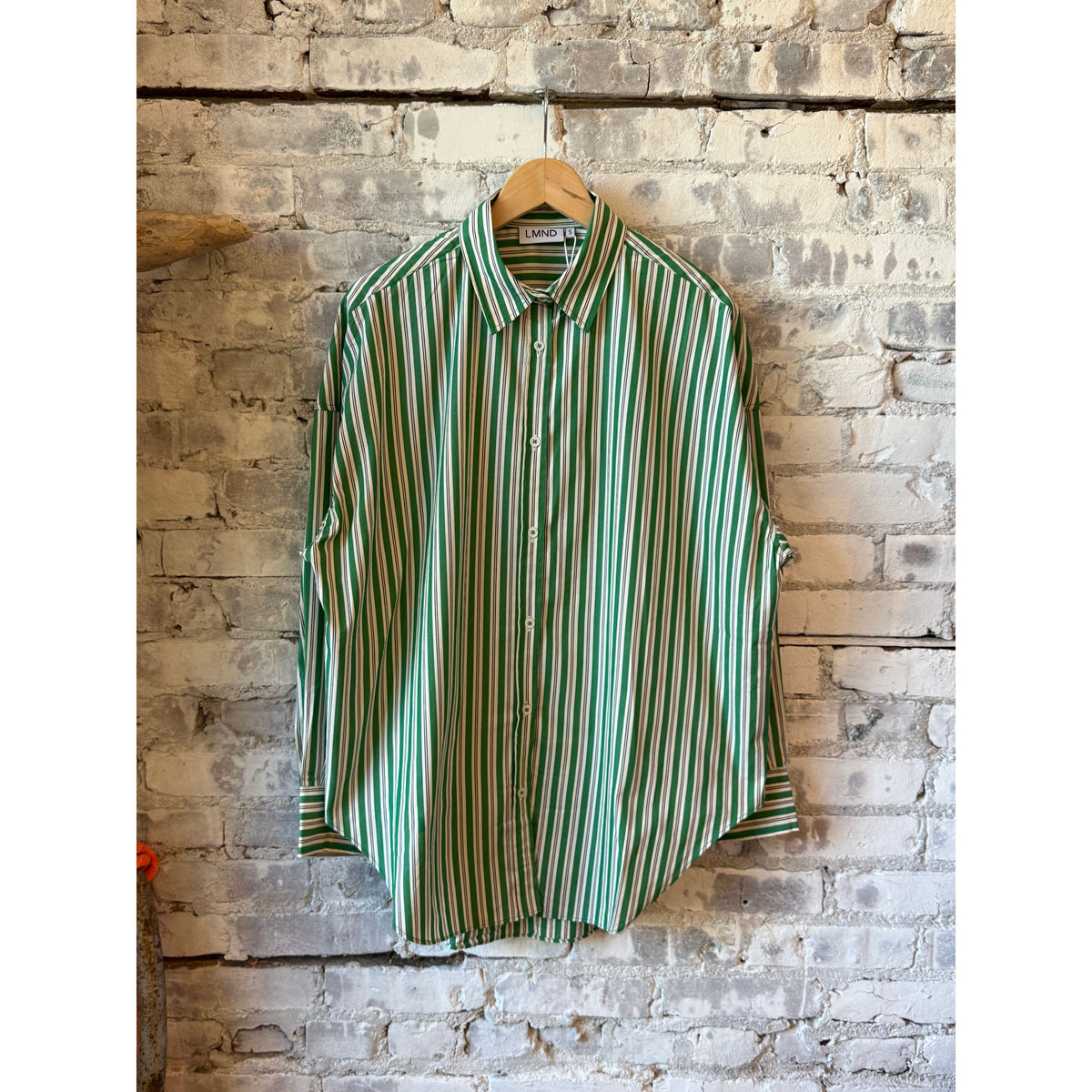LMND Mara Striped Oversized Long Sleeve Shirt - Green Hills/White/Navy Dim Gray