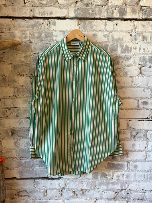 LMND Mara Striped Oversized Long Sleeve Shirt - Green Hills/White/Navy Dim Gray