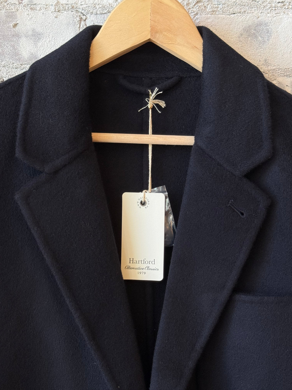 Hartford Men's Jojo Woven Navy Jacket showing textured fabric, collar details, and front button closure.