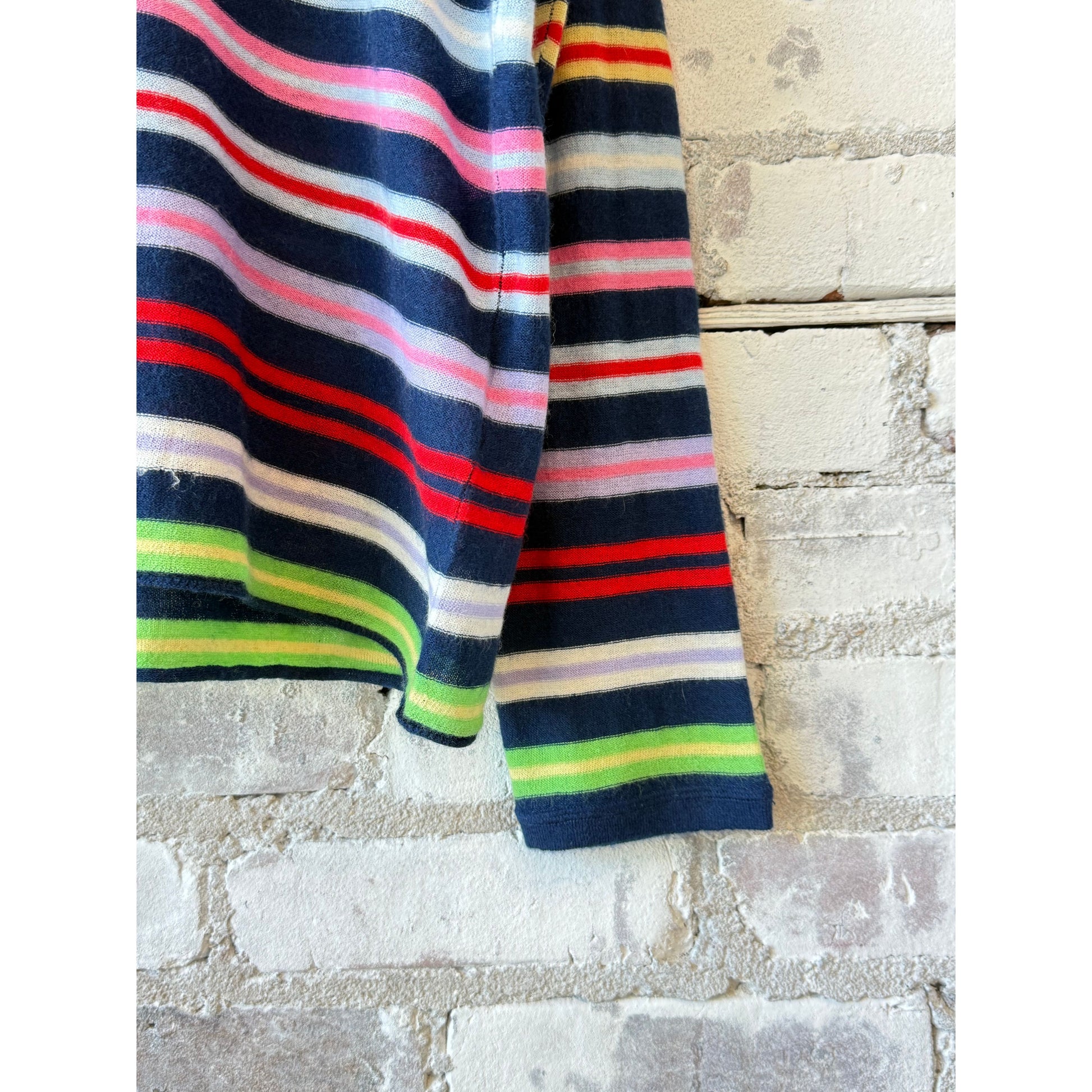 Women's Majestic Filatures extrafine cashmere crew neck sweater with colorful stripe pattern in Abyss color.