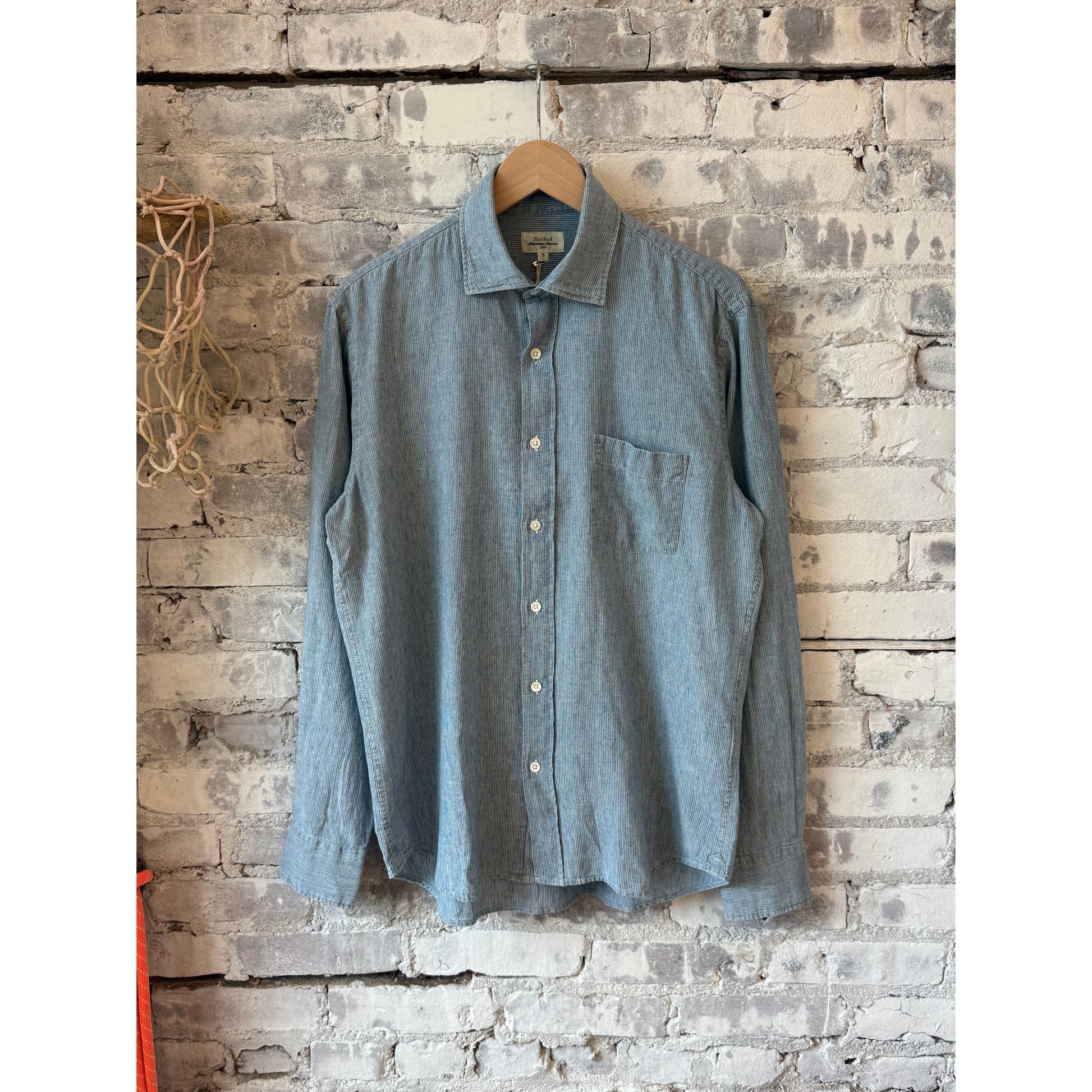 Men's Paul woven yarn dyed shirt in light hairline indigo stripe by Hartford Men's, featuring a classic button-up style and lightweight fabric.