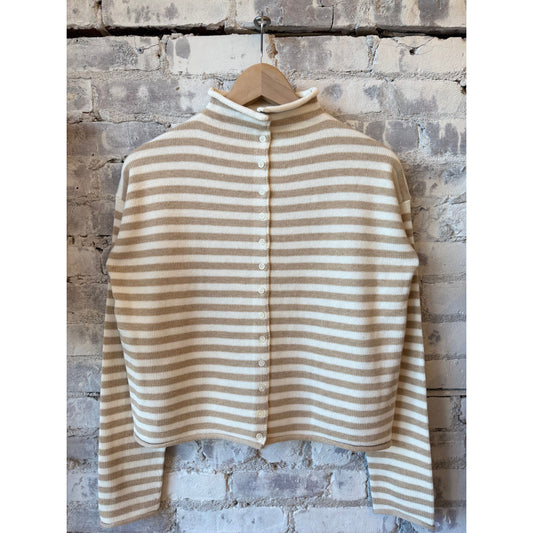 Taylor Striped Cardigan in Cotton Cashmere - Sand/Ivory - DUNE + SALT