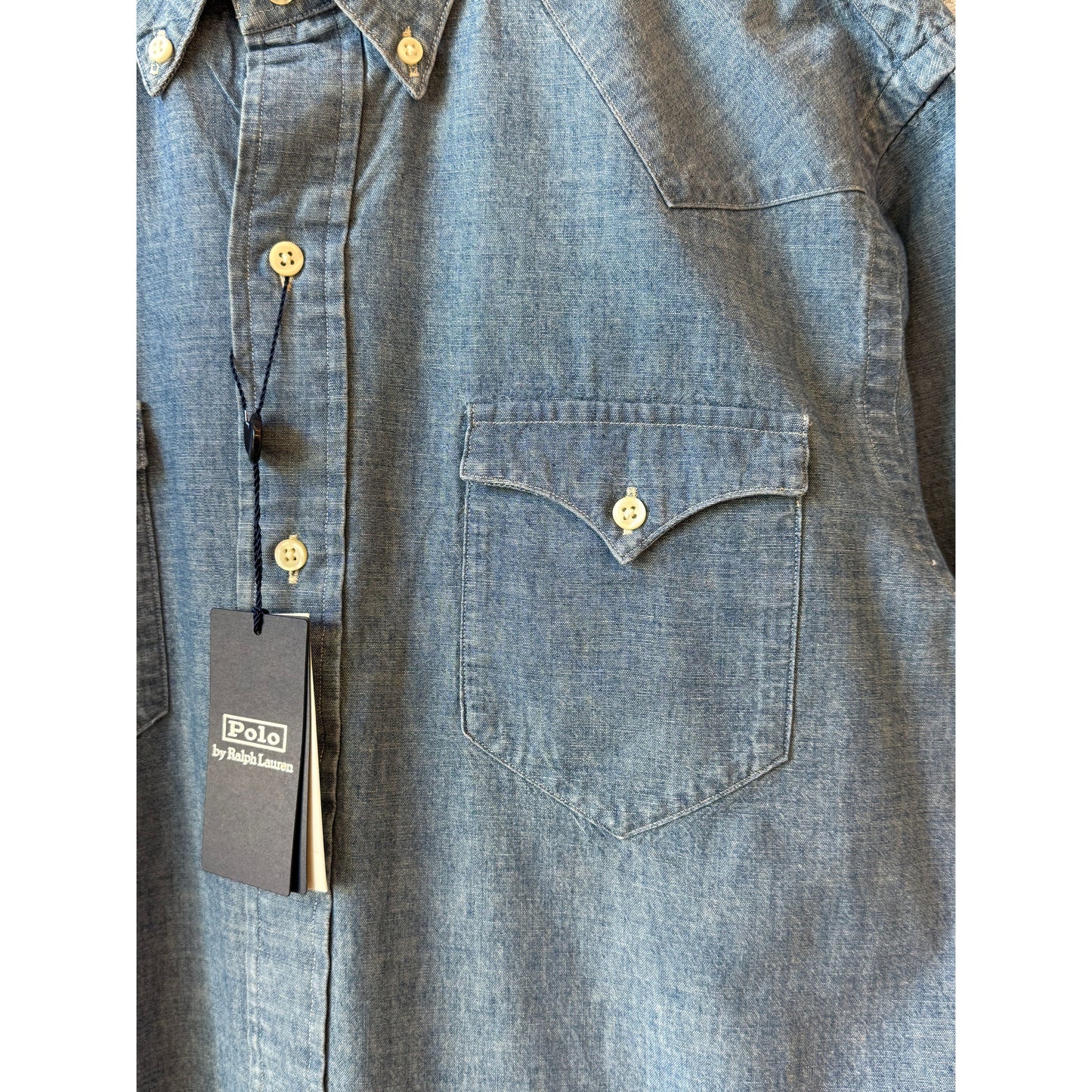 Men's Polo RL chambray classic Western sport shirt in medium indigo, featuring Western-style yoke and button-up design.