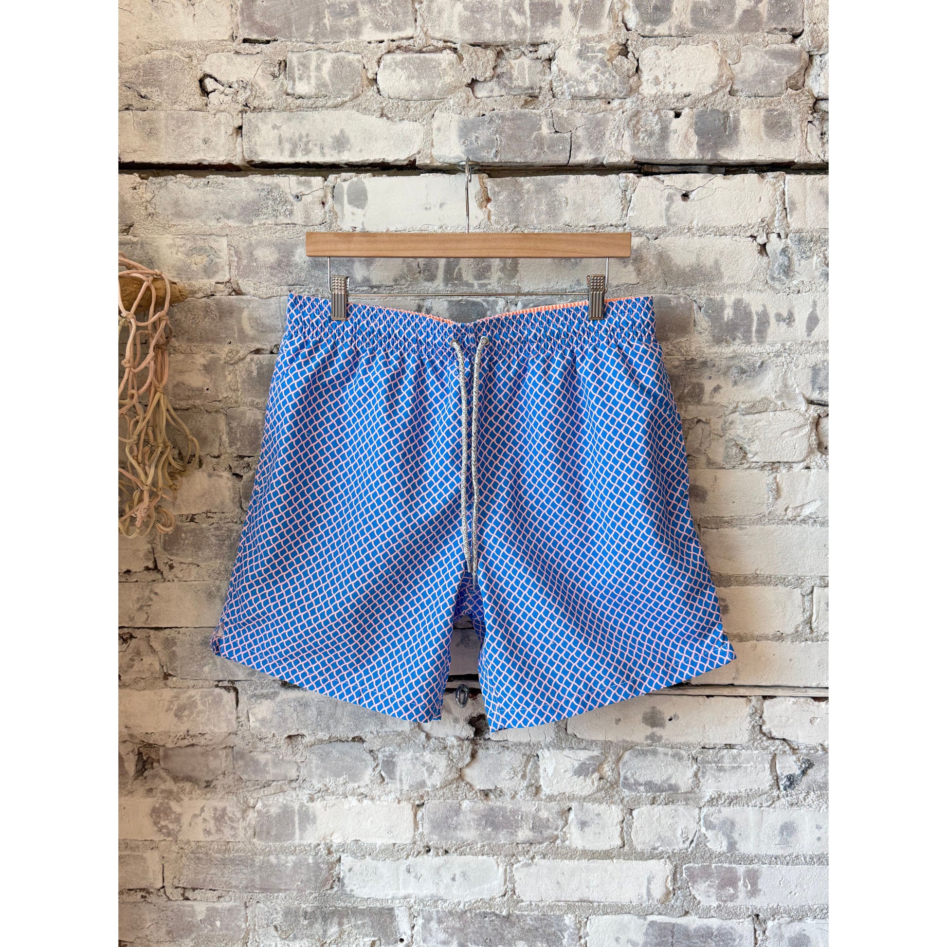 Men's Cyclist Liner Swim Trunks - Nautical Mesh Turquoise/Coral - DUNE + SALT