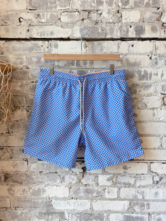 Men's Cyclist Liner Swim Trunks - Nautical Mesh Turquoise/Coral - DUNE + SALT